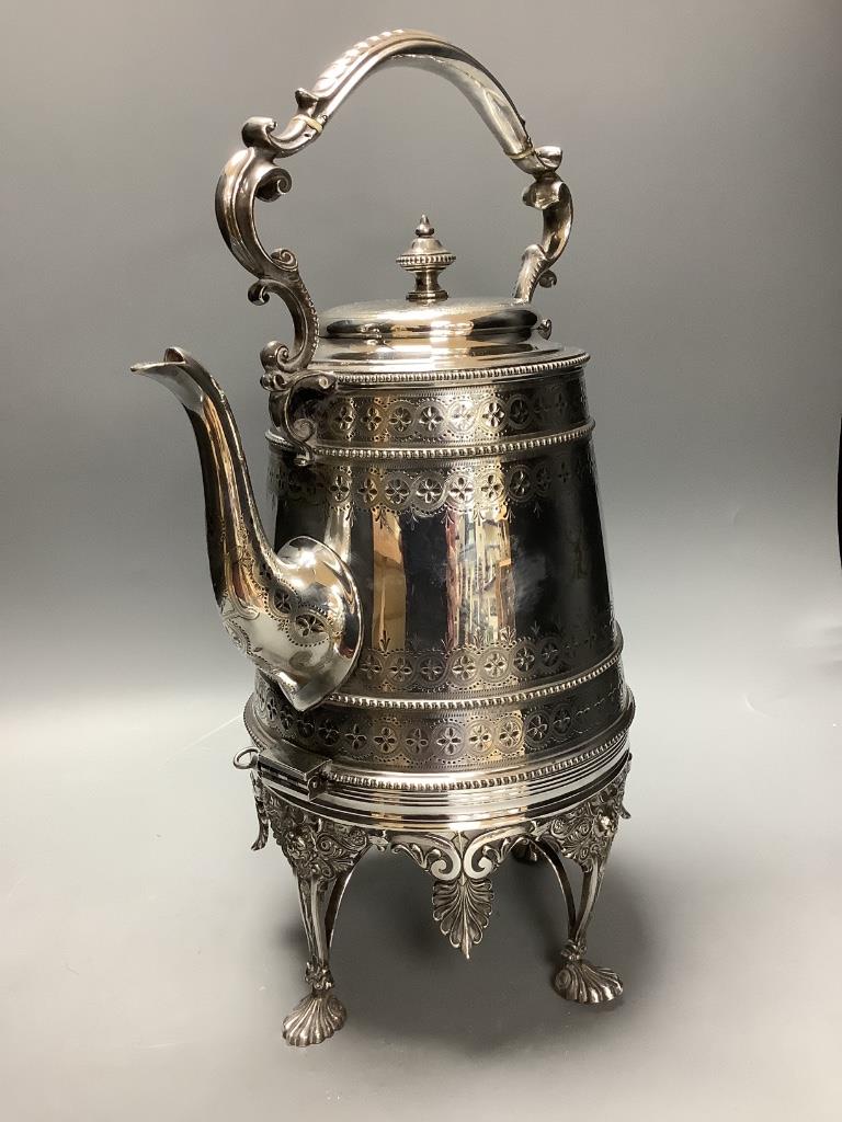 An Elkington's silver plated tea kettle on stand, height 43cm